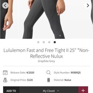 Lululemon Fast and Free Tight I| 25" Nulux Graphite Grey Sz 6 euc